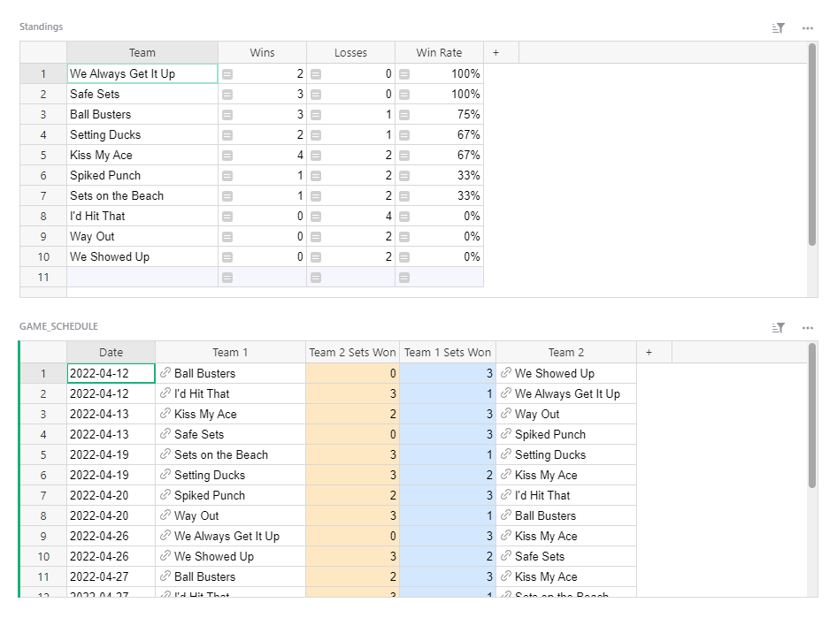 Screenshot of Sports League Standings